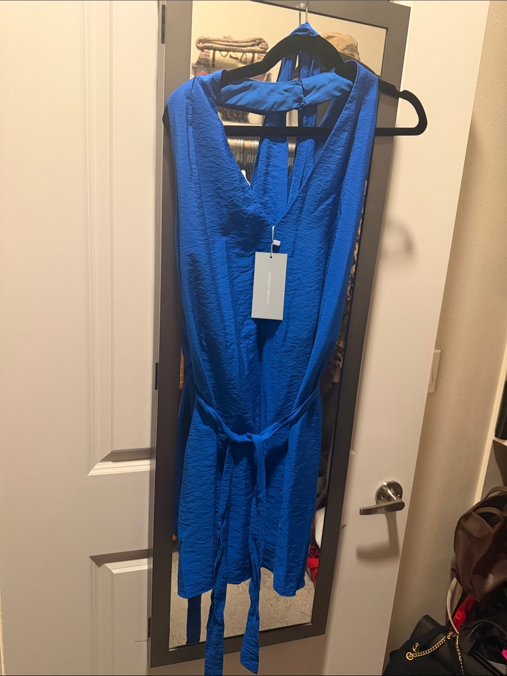 Sleeveless V-Neck Blue romper with Waist Tie